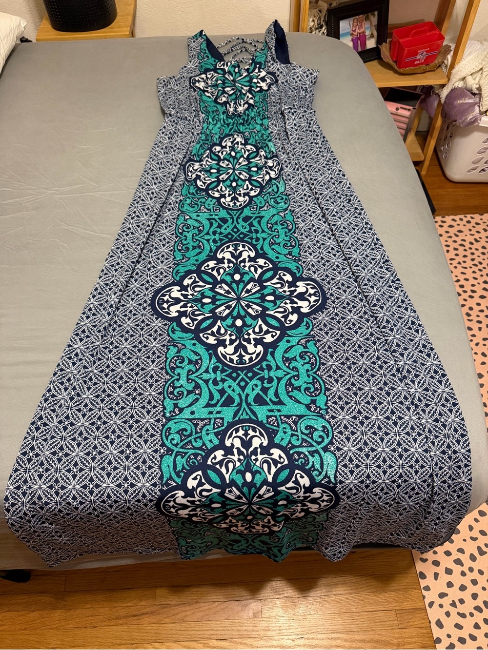 💥 WOMENS Maurices Teal & Navy Blue Patterned Maxi Dress